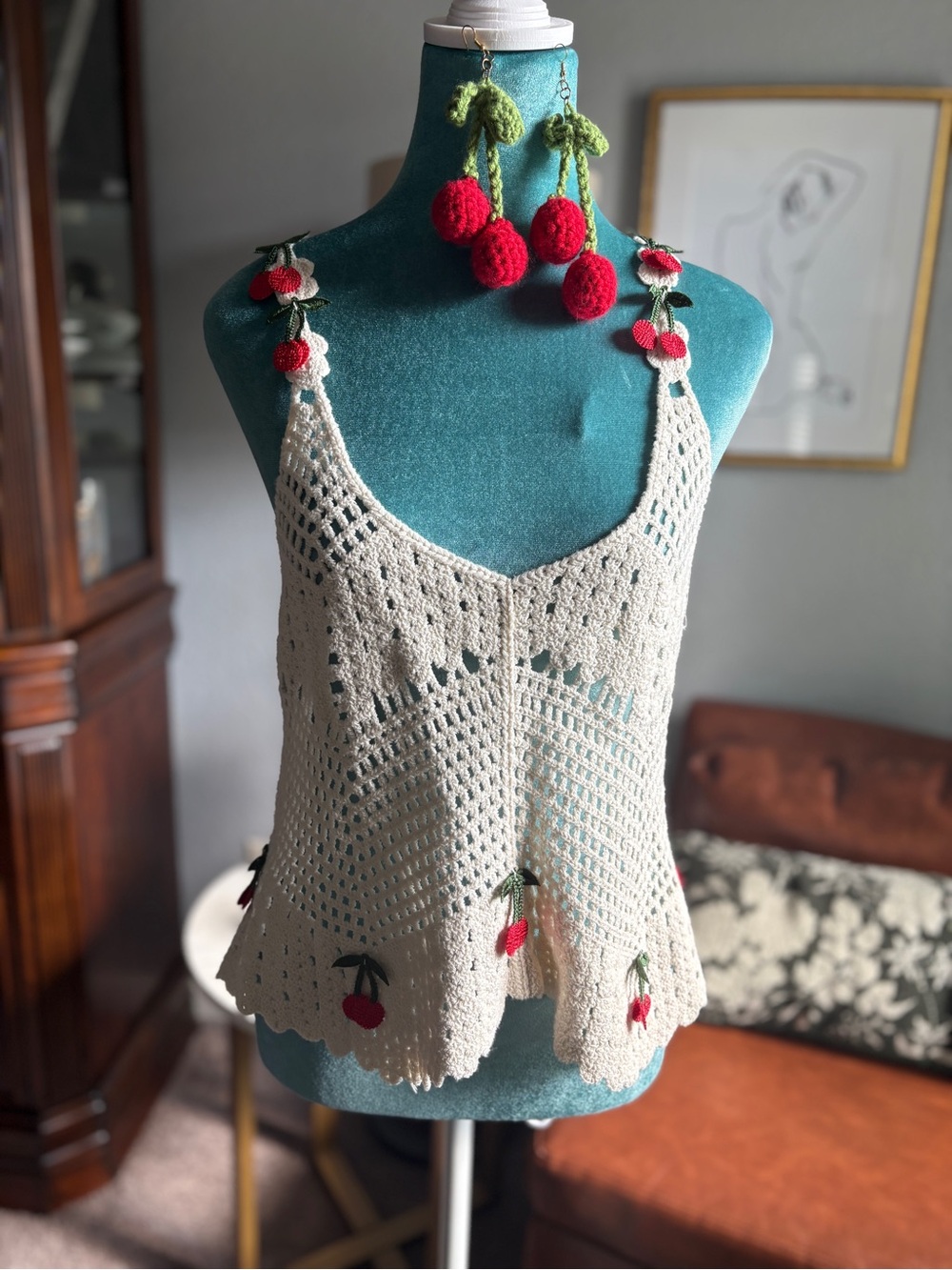 Crochet Cherry-Embroidered Cream Tank Top by Rebellion